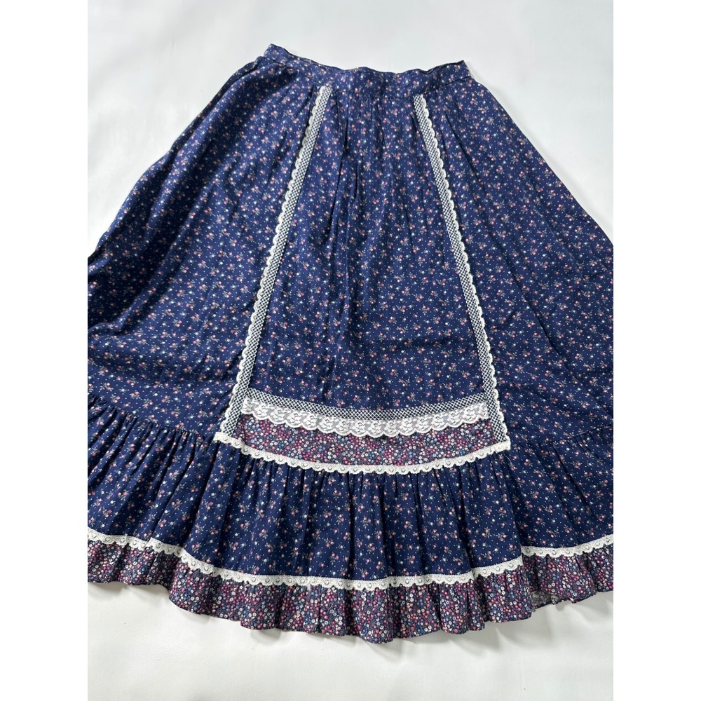 2! VTG Gunne Sax Jessicas Gunnies Boho Prairie Maxi Skirt Blue Floral Tier Lace - Picture 16 of 16